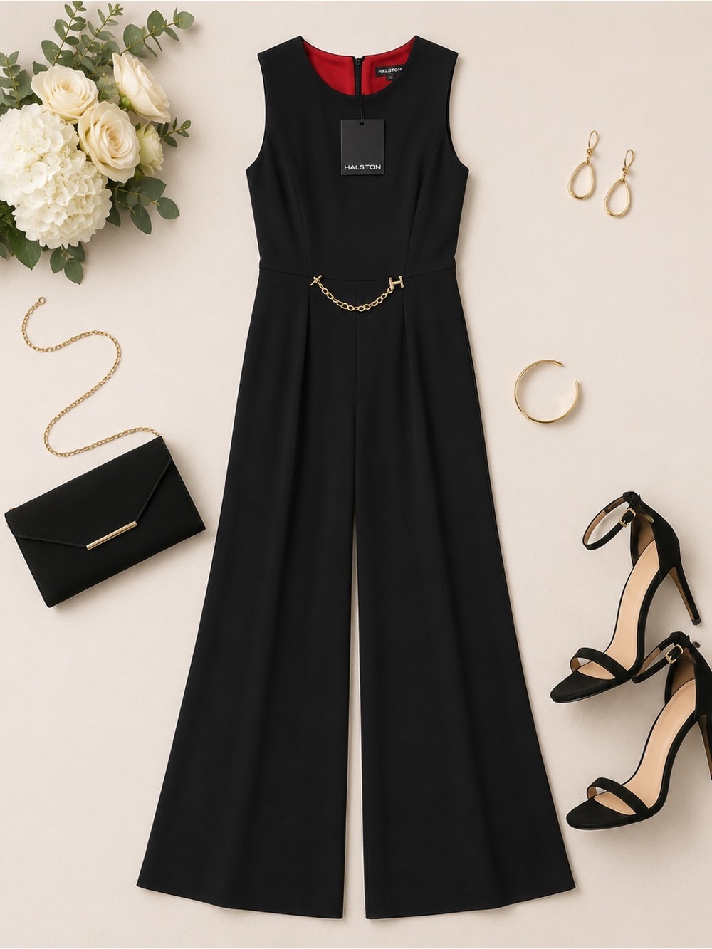 Halston Black Sleeveless Wide-Leg Jumpsuit Size 4 with Gold Chain Detail